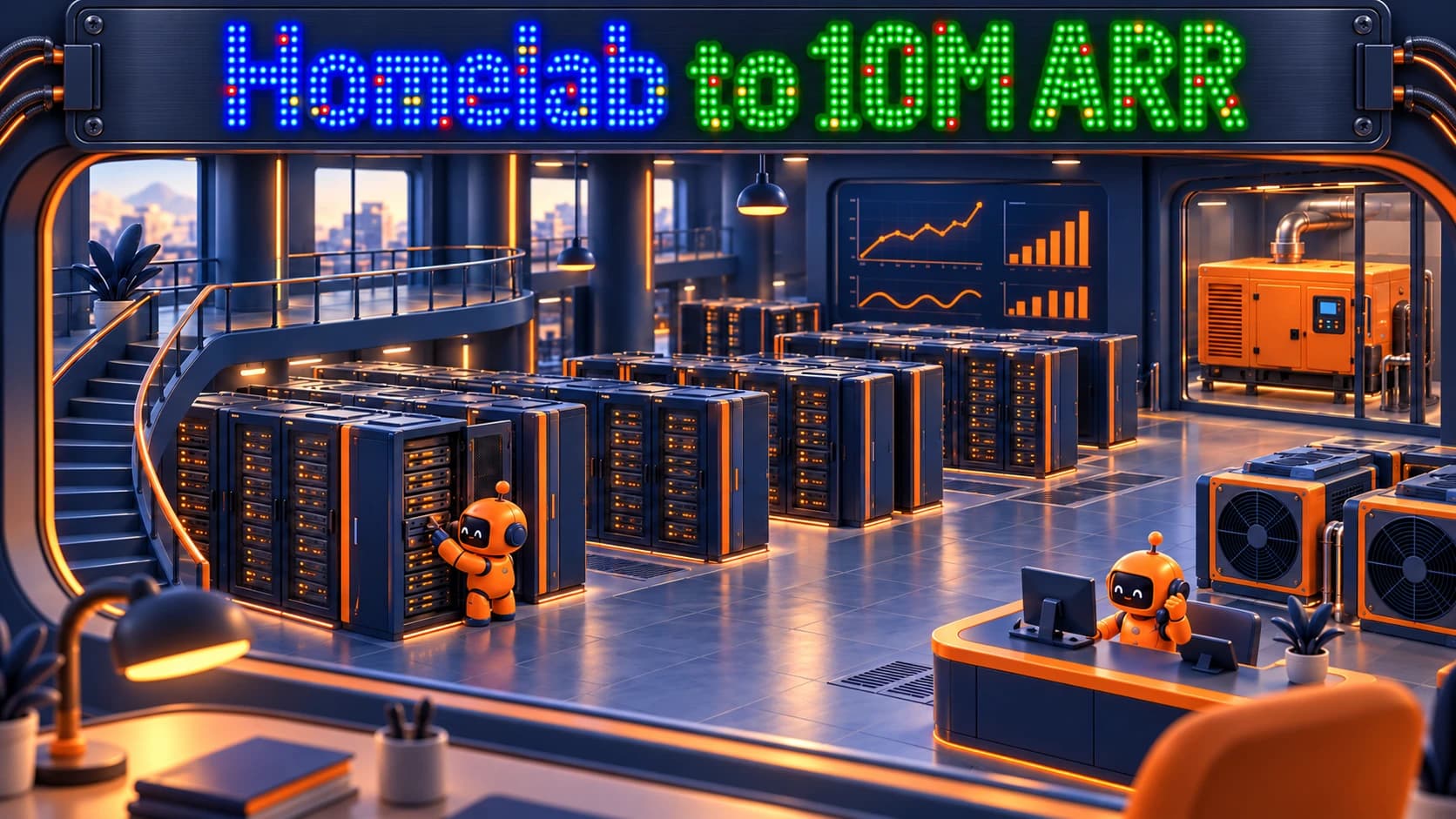 Homelab to 10M ARR: a data center with server racks and robots