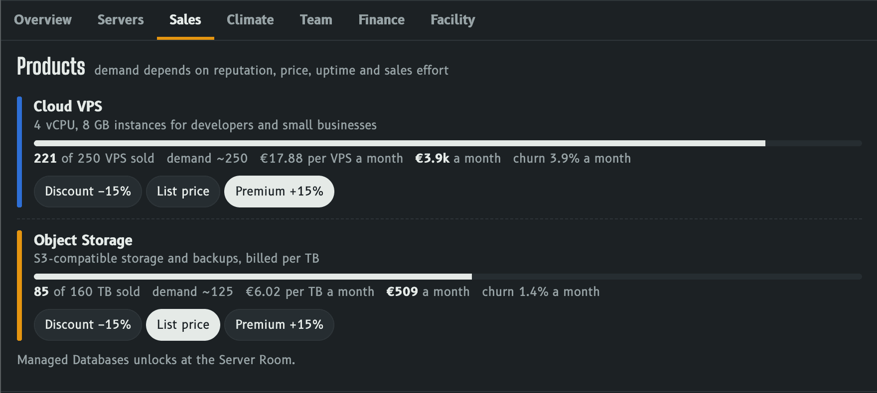 In-game Sales tab with Cloud VPS and Object Storage products